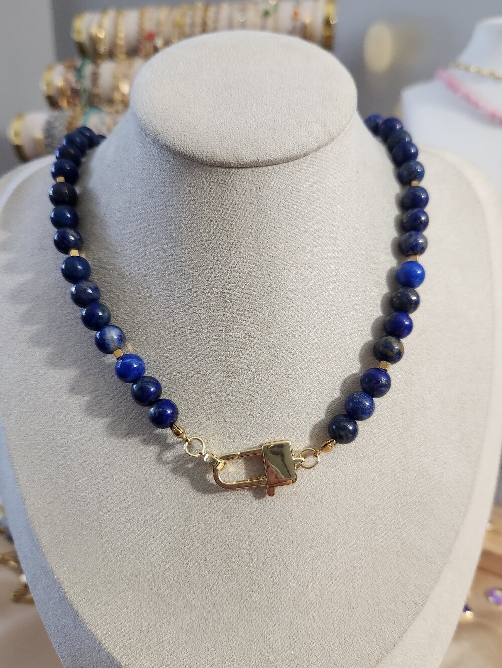 Lapis lazuli beaded charm holder necklace